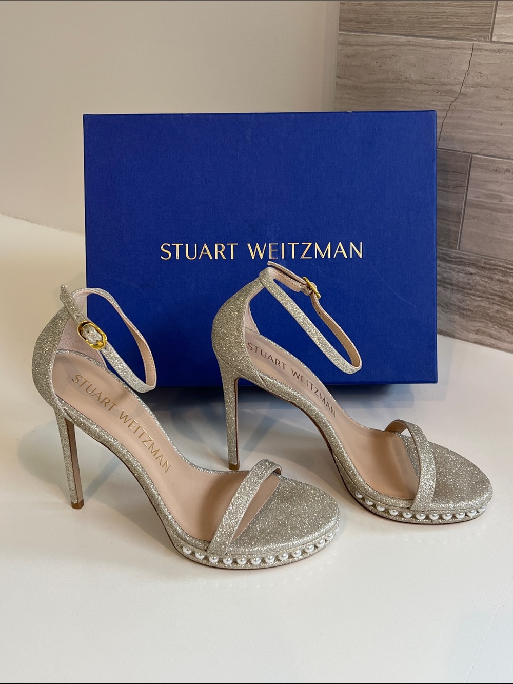 Stuart Weitzman nudistdisco pearl studded sparkly fine glitter open toe heels